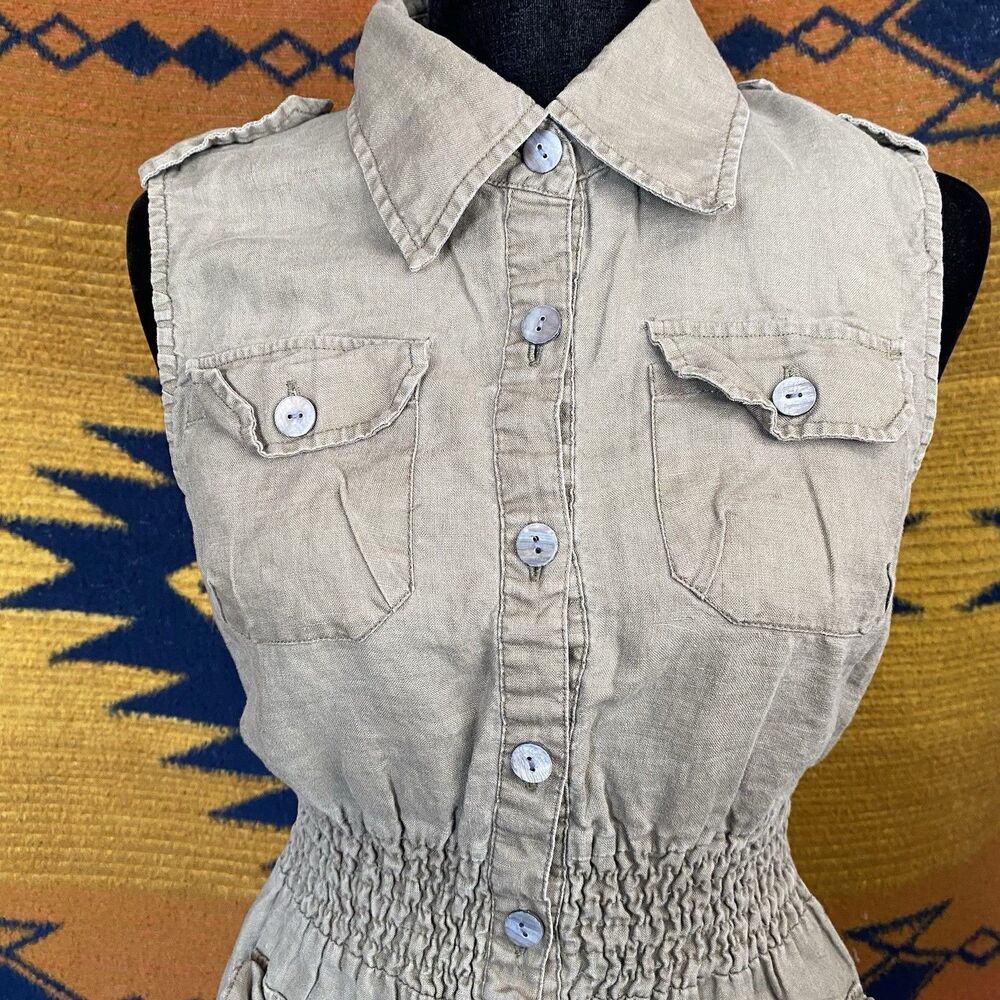 Y2k Yank 100% Linen Button Up Collared Blouse. Po… - image 2